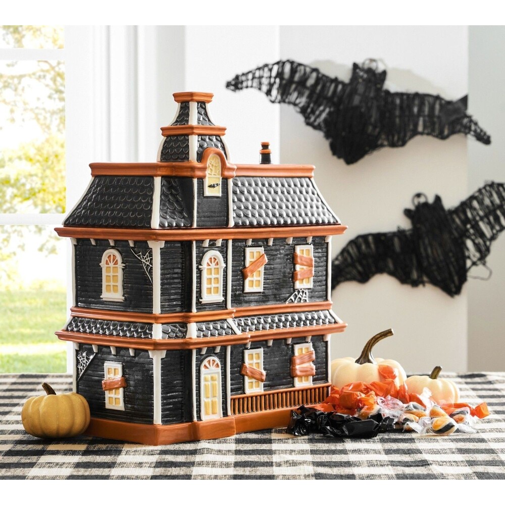 Cookie Jar Pottery Barn Ghost Haunted House Lidded Halloween Candy Bowl NEW